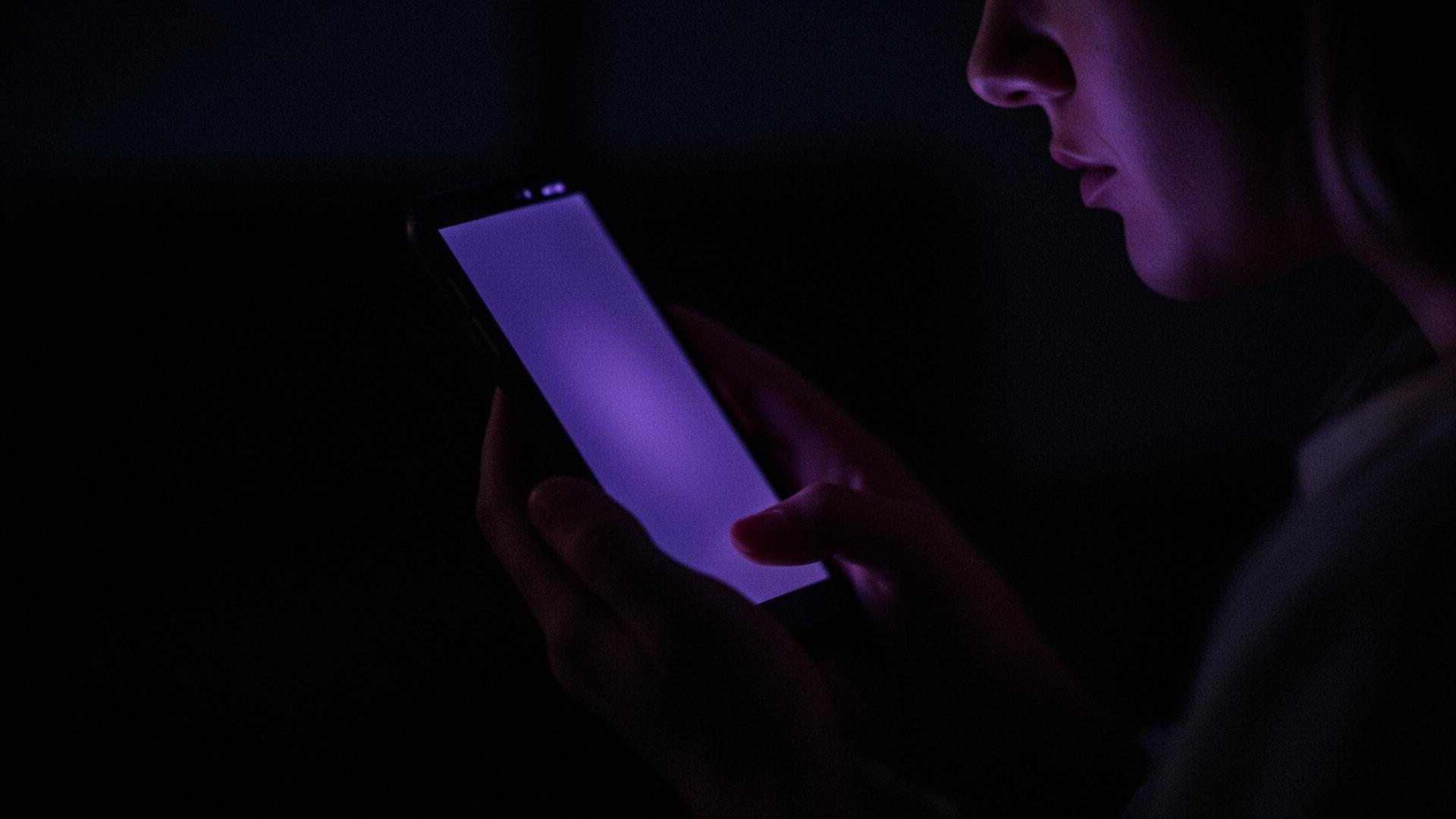 Женщина смотрит в телефон ночью